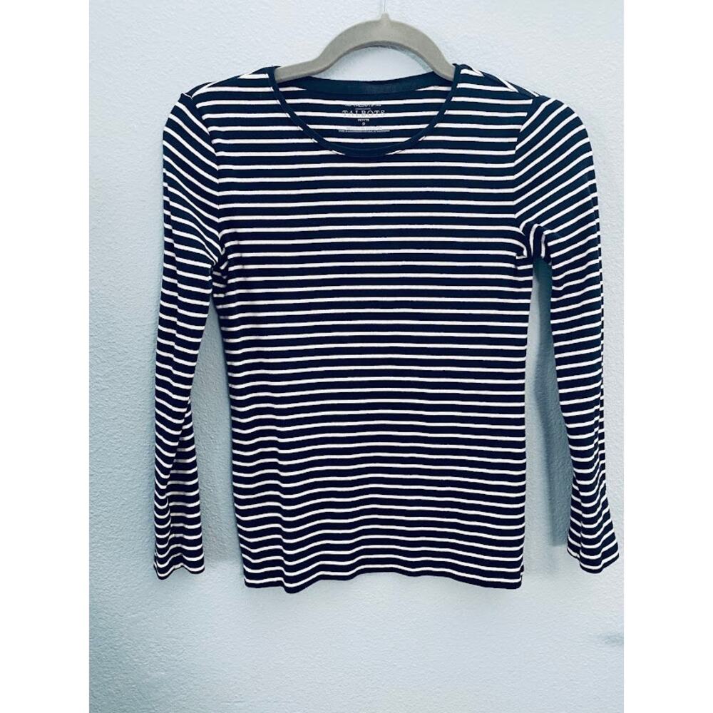 Talbots The Tee Long Sleeve Stripe Top Navy and White Petite Small